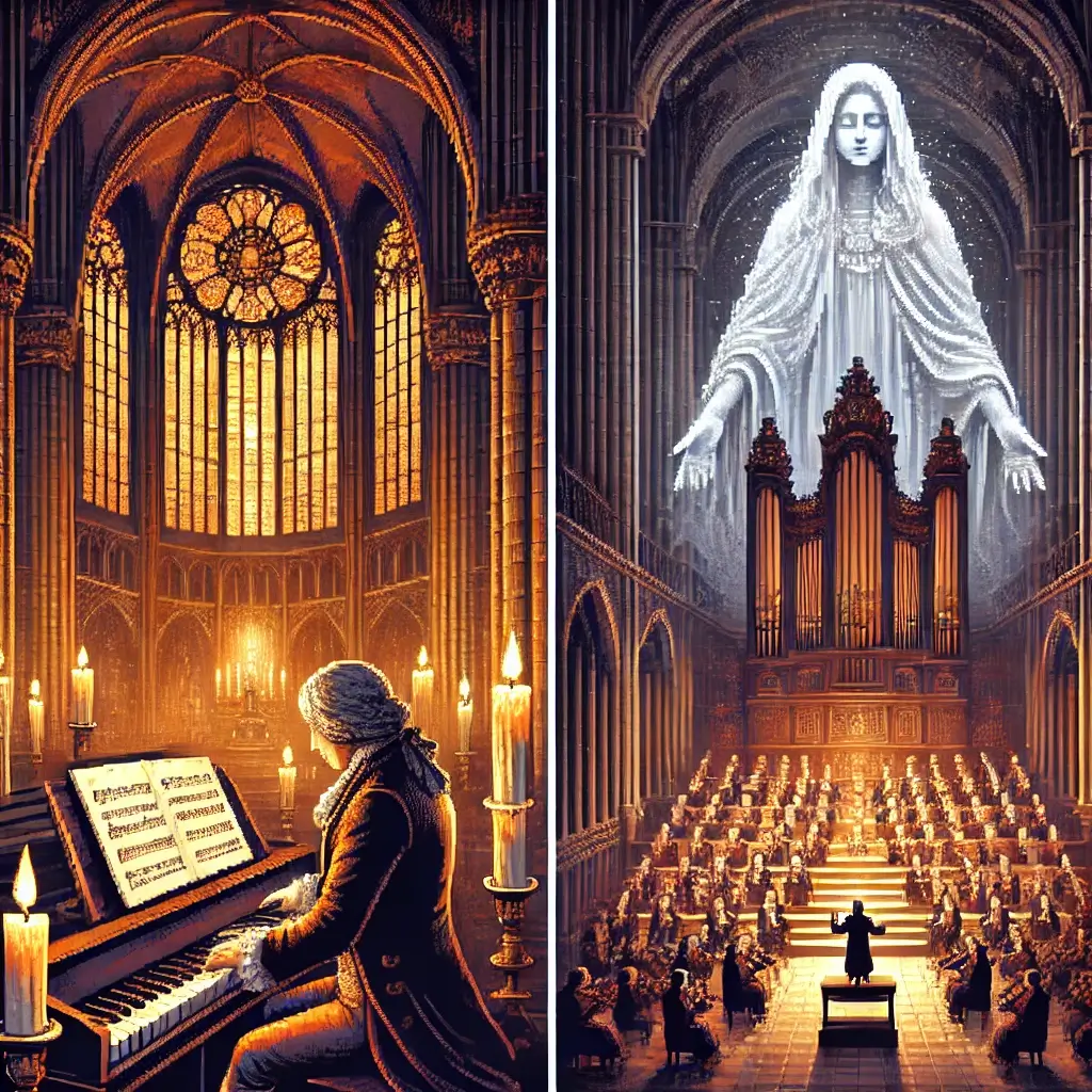 Pixel art of Mozart composing the Requiem inside a candlelit gothic cathedral, with a ghostly figure representing death standing behind him.
