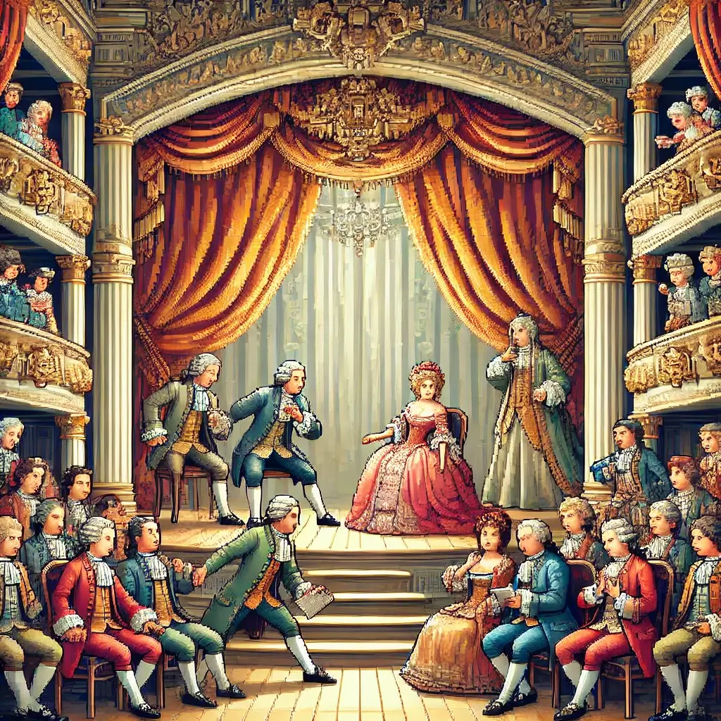 Pixel art scene of an 18th-century opera stage with golden curtains, Figaro hiding behind a chair, the Countess holding a letter, and Cherubino blushing. Vibrant colors and theatrical ambiance depict Mozart’s The Marriage of Figaro in comedic chaos.