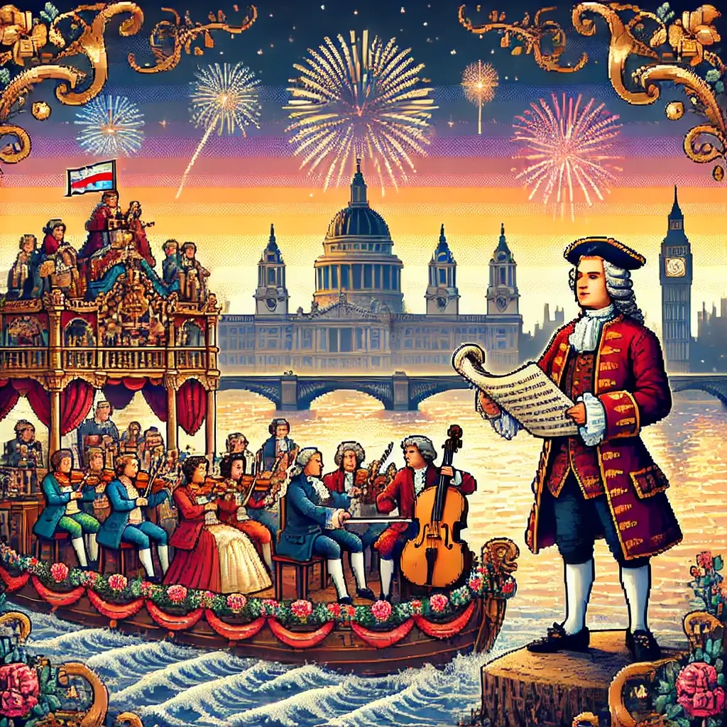 Pixel art of a royal barge on the River Thames at sunset, with a Baroque orchestra performing and King George I watching, fireworks overhead. Water Music