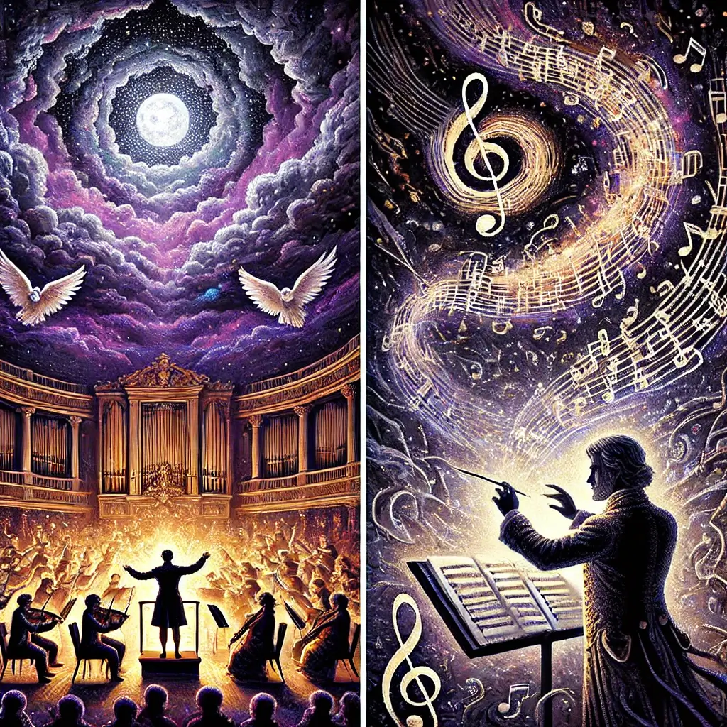 Pixel art of Mozart composing at a candle-lit desk in 1788 Vienna, with glowing sheet music and ghostly musical staff lines floating above him, expressing emotion and intensity in rich colors. Mozart's 40th
