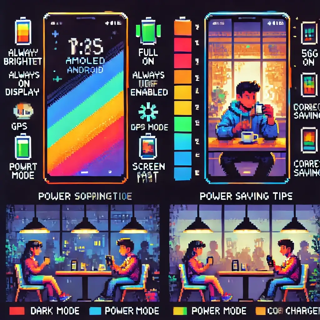 Pixel art of an Android phone split in half: one side bright and draining battery, the other side dimmed and in dark mode, saving battery.